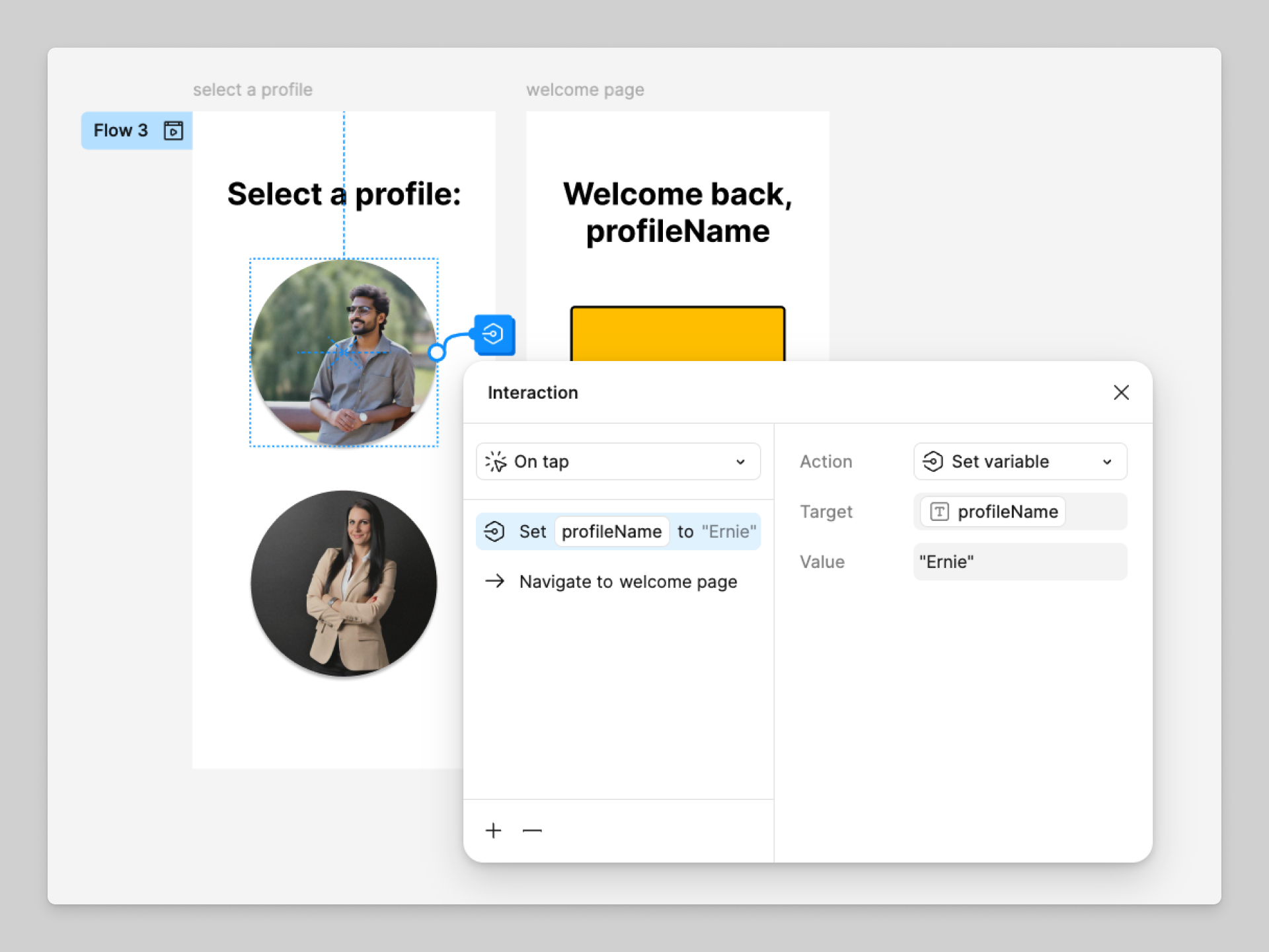 A design with two frames. A prototype action is set on an image on the first frame. When the image is clicked, the profileName variable will update it's value, and the prototype will navigate to the next frame.