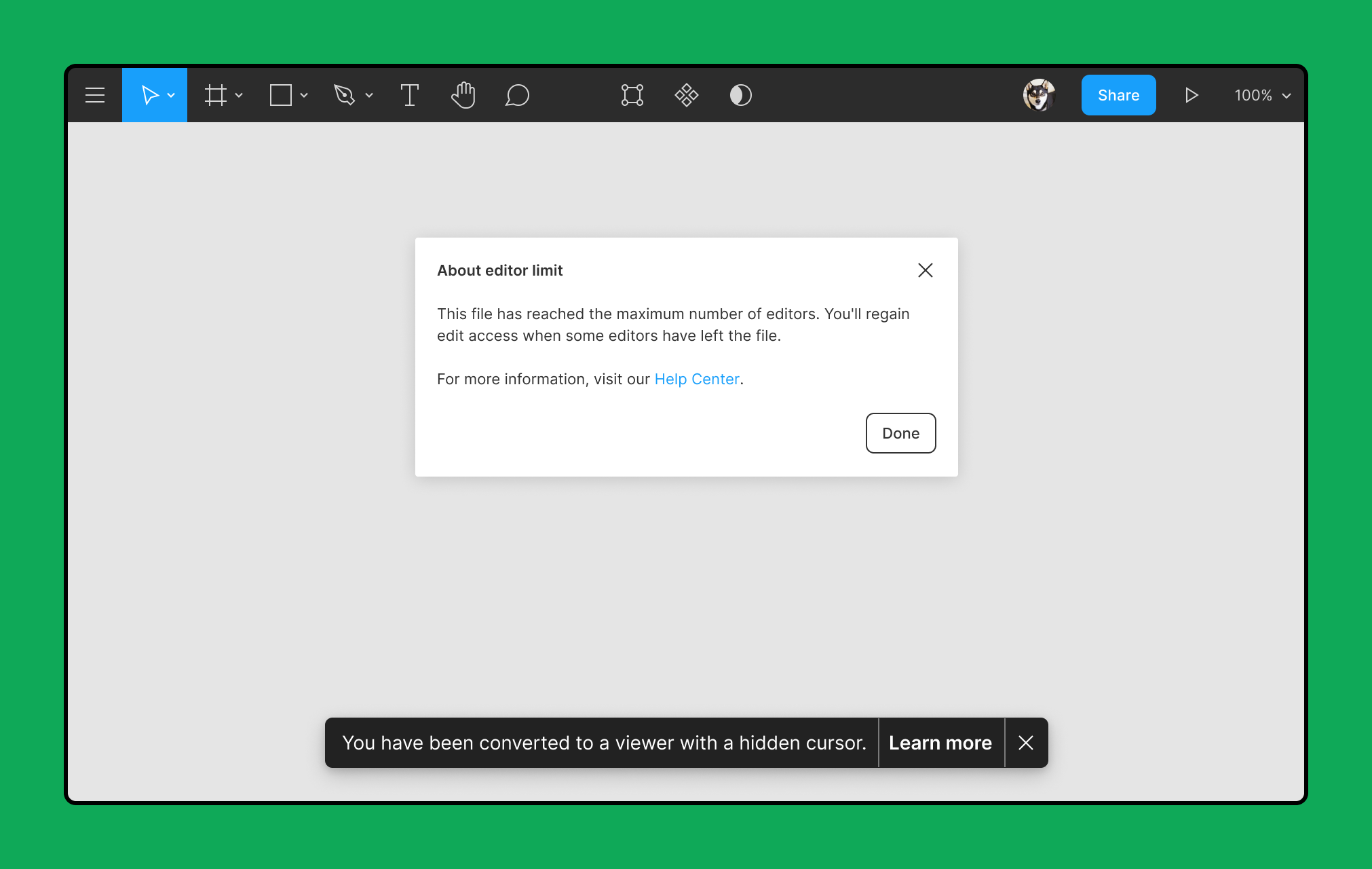 編集者制限に達した場合、Figmaデザインファイルに表示されるアラート